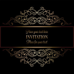 Abstract background with antique, luxury black and gold vintage frame, victorian banner, damask floral wallpaper ornaments, invitation card, baroque style booklet, fashion pattern, template for design