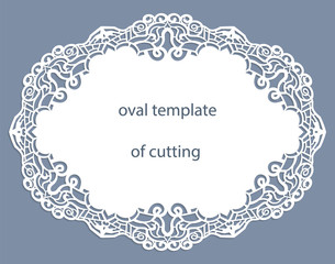 Greeting  card with openwork  oval border, paper doily under the cake, template for cutting, wedding invitation, decorative plate is laser cut, frame with lace edge, vector illustrations.