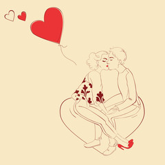 vector illustration of a kissing couple  outline drawing