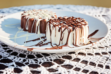 chocolate cakes, chocolate Panna cotta at summer cafe