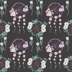 Fototapete Traumfänger Nahtloses Muster mit floralen Traumfängern, handgezeichnet isoliert in Aquarell auf dunklem Hintergrund