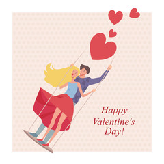 Greeting card for Valentine's Day in a cartoon style, lovers on a swing
