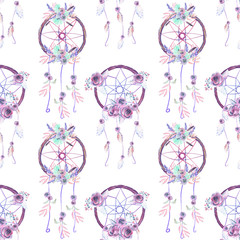 Seamless pattern with floral dreamcatchers, hand drawn isolated in watercolor on a white background
