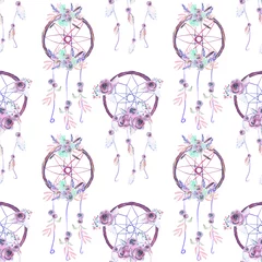 Zelfklevend behang Dromenvanger Naadloos patroon met bloemendromenvangers, hand getrokken geïsoleerd in waterverf op een witte achtergrond