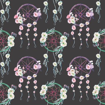 Seamless pattern with floral dreamcatchers, hand drawn isolated in watercolor on a dark background