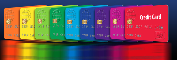 A spectrum of colorful credit cards lined up. Mock, generic cards for publication.
