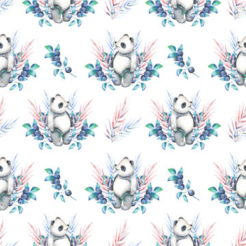 Seamless pattern with watercolor panda, blueberry and plants, hand drawn on a white background