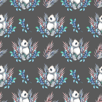 Seamless pattern with watercolor panda, blueberry and plants, hand drawn on a dark background