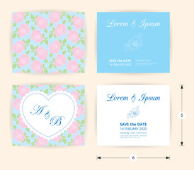 Pink wedding card template heart icon, white name label on pastel rose shape pattern blue background, vintage design frame and dotted border, ready to print with save the date demo text box