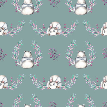 Seamless pattern with watercolor panda, berries and plants, hand drawn on a dark blue background