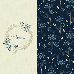 vector set with vector blue pattern with pretty flowers and a card with hand drawn word love in a circle floral frame