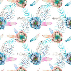 Fototapety  Seamless pattern with the watercolor anemone flowers, feathers and blue branches, hand drawn on a white background