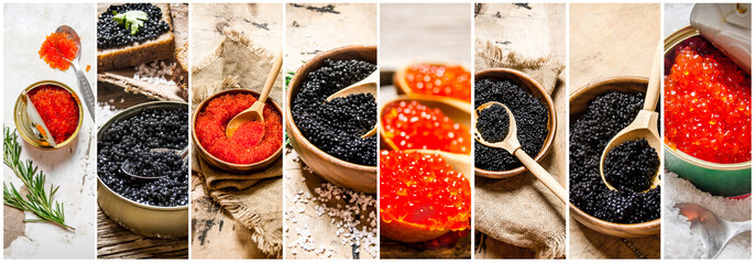 Food collage of red and black caviar. - obrazy, fototapety, plakaty