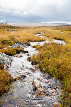 Rocky stream running through a barren moorland valley in Norway