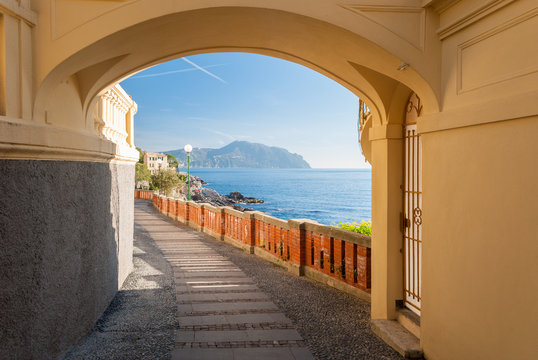 Glimpse of a route in Bogliasco, near Genoa; the promontory of Portofino in the background