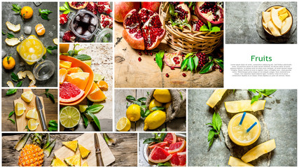 Food collage of fresh fruits .