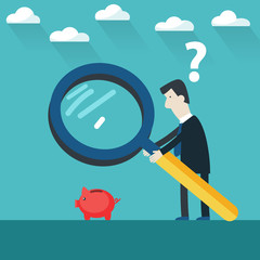 Businessman examining Piggy bank with magnifying glass. Businessman investing money concept