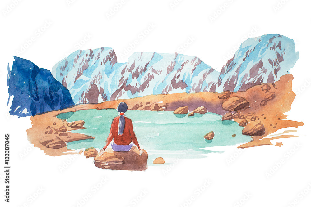 Wall mural Traveler and mountain panorama with lake watercolor illustration