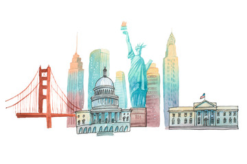 Fototapeta premium Famous American landmarks travel and tourism waercolor illustration