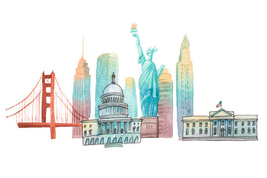 Famous American landmarks travel and tourism waercolor illustration