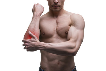 Fototapeta premium Pain in the elbow, muscular male body, isolated on white background