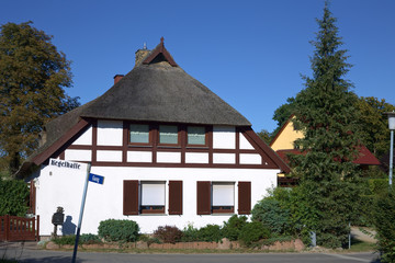 Fototapeta na wymiar Thatched house in Hanshagen, Mecklenburg-West Pomerania, Germany