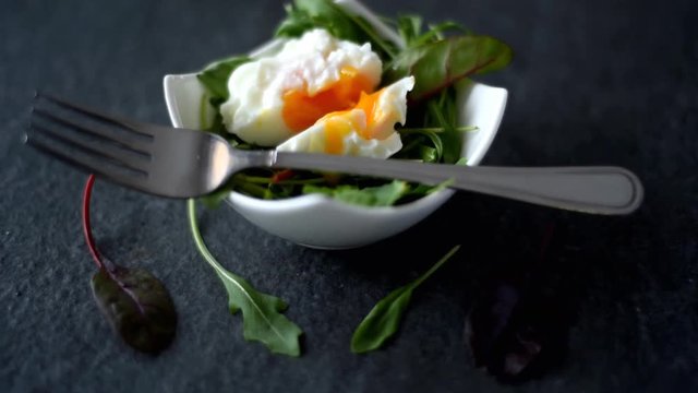 salad of poached egg and leaves of mangold ruccola