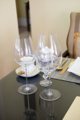 Wine glass on table at restaurant