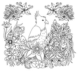 Vector Illustration Zentangl Parrot Flowers Dudling Book Coloring Anti Stress For Adults
