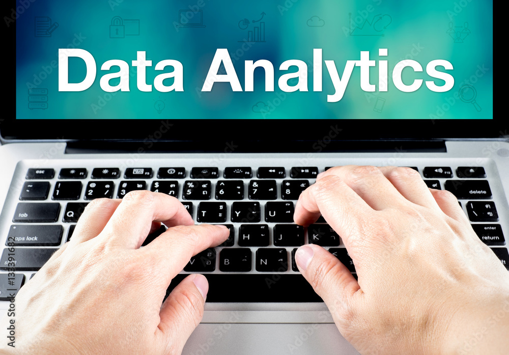 Aufkleber Two hand type on keyboard with Data Analytics word on notebook s