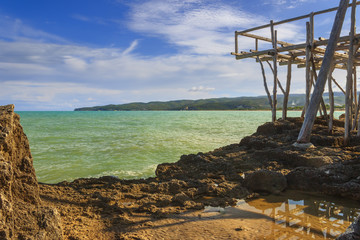 Gargano coast:bay of Vieste.Apulia, ITALY. View from a trebuchet abandoned.A trabucco is an old...