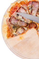 Flat lay overview of pizza with domestic ham sirloin and sausage