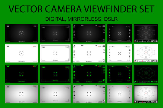 Modern camera focusing screen with settings 20 in 1 pack - digital, mirorless, DSLR. White, black and green viewfinders camera recording. Vector illustration