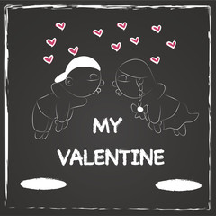 Chalkboard valentines card of two youngsters floating in the air with heart shapes and chalkboard lettering