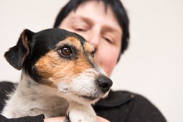 Friendship between woman and dog - jack russell terrier 