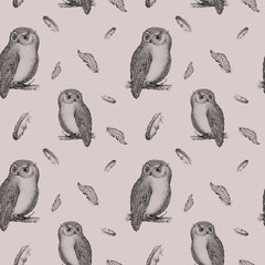 Hand drawn isolated  black white seamless pattern owl fly bird. 