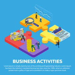 Fototapeta premium Business activities flat 3d isometric banner. Man to mine gold coins. Search for investors. Business planning. Stock quotes. People in different poses at work. 3d puzzle pieces. Vector illustration