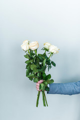 Bouquet of white roses in hands. Valentine's day