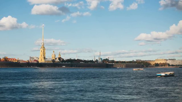 Peter and Paul Fortress across the Neva river with boats timelapse, Saint Petersburg