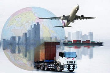 Logistics  global transportation concept. Maritime and land transport,  air transport on world map background use for import export shipping industry
