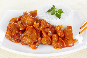 Chinese cuisine. Pork in batter and sweet and sour sauce