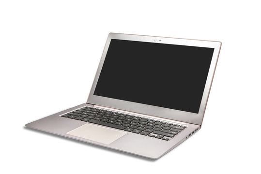 Modern laptop with blank white screen isolated on white background