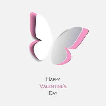 Happy Valentines Day greeting card with paper origami pink butterfly