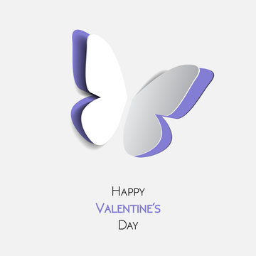 Happy Valentines Day greeting card with paper origami lilac butterfly