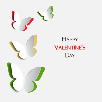 Happy Valentines Day greeting card with paper origami multicolor butterflies