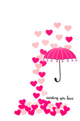Raining love / Creative valentines concept photo of paper umbrella with hearts raining down on white background.