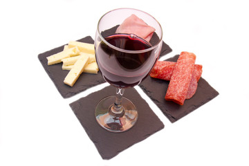 Slices of salami and wine on slate plates on a white background
