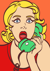 surprised comic woman with phone. Pop art style in vector, eps 10