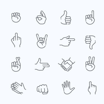Hand gestures thin line icon set