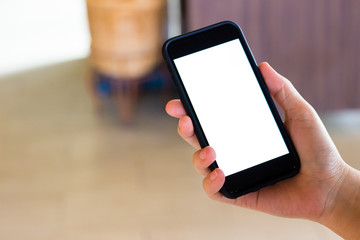 hand using cell phone with white screen